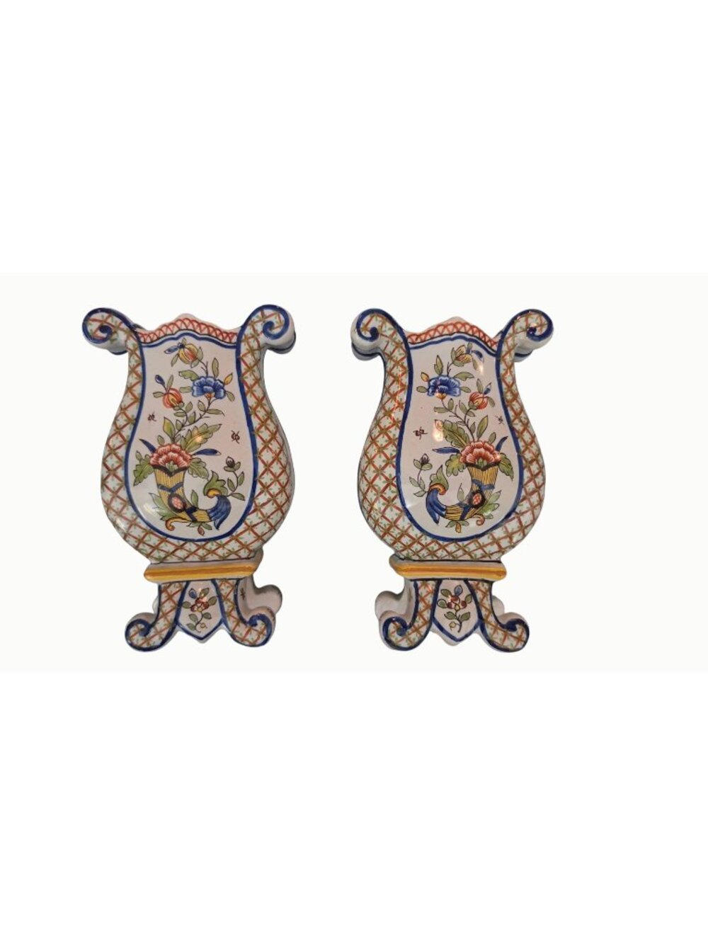 Antique Pair Fourmaintraux Courquin Desvres Faience Lyre Vases France 19th C